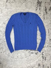 Polo Ralph Lauren Cable Knit V-Neck Sweater Women Sz S Blue Pima Cotton