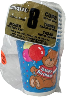 1986 Happy Birthday Bear Retro Disposable Party Cups Set of 8   7 oz Sealed