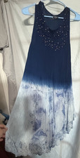 Lace Fashion Tie Dye Maxi Dress Blue White Beaded Sleeveless Scoop Neck OS