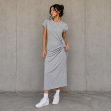 GAP Gray Marled Twist Front Midi Dress Womens Small Short Sleeve Crew Neck