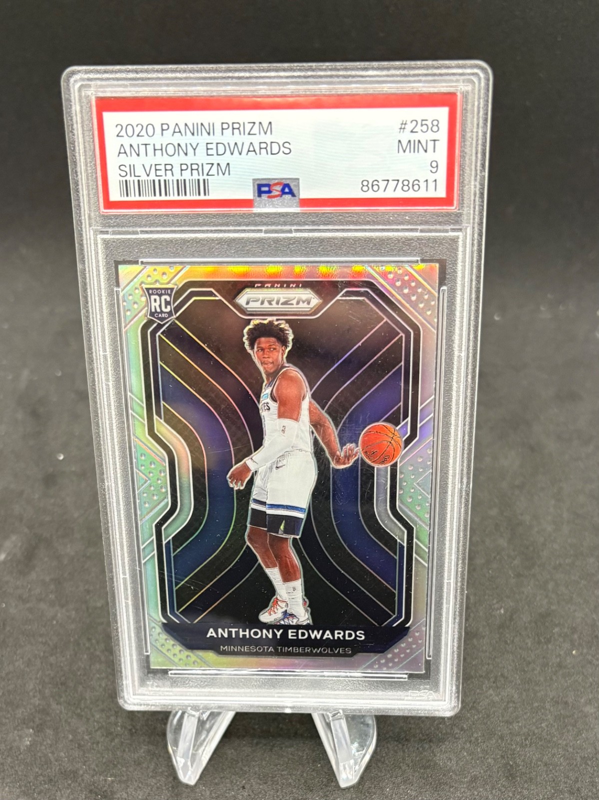 2020-21 Panini Prizm ANTHONY EDWARDS SILVER RC/ROOKIE TIMBERWOLVES #258 PSA 9 view 1