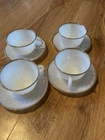 4 Vintage Anchor Hocking Fire King White Cup Saucer Sets Swirl Gold Rims Tea Mug