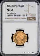 1882-R Italy 20 Lire Gold Coin - Umberto I - NGC MS64