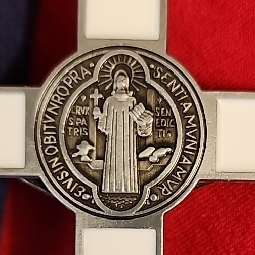 WHITE  Enamel metal  Wall Cross Saint Benedict  Crucifix 7×3.5 " new In Box 