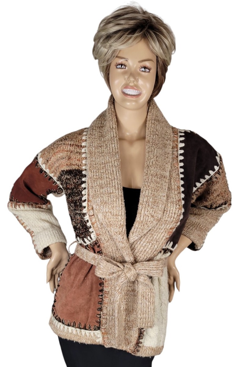 Vtg 70s Kennington Patchwork Cable Knit & Leather Boho