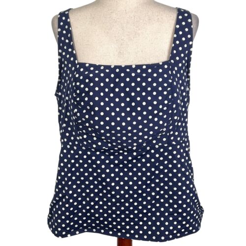 Lands End Tankini Oberteil Damen 20 W blau weiß gepunktet Badeanzug gerafft eckiger Ausschnitt