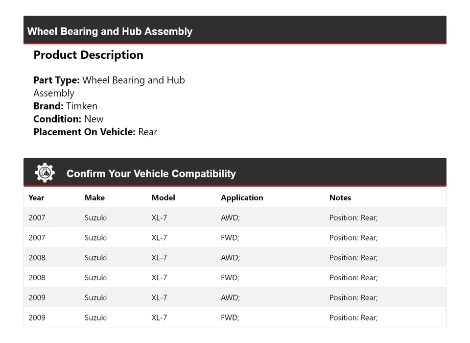 Conjunto de cojinete de rueda y buje trasero Timken 2008 para Suzuki XL-7 2007-2009 Foto 2 de 4