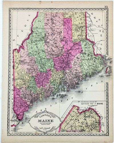 1887 MAINE Map ORIGINAL (12x10) LARGE H.C. Tunison TOWNSHIPS RAILROADS COUNTY