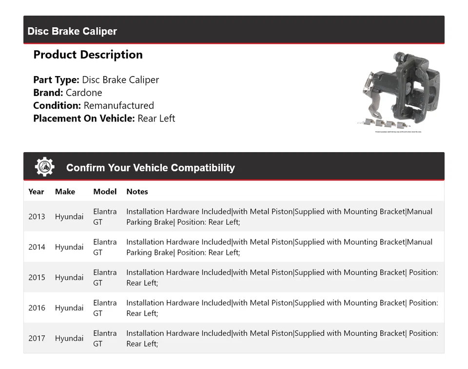 Штангенциркуль дискового тормоза задний левый кардон для Hyundai Elantra GT 2013-2017 годов выпуска 2014 2015 годов выпуска - Изображение 2 из 4