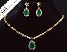 GIA Certified Natural 22Cts VS F Diamond Emerald 18K Gold Necklace Earrings Set