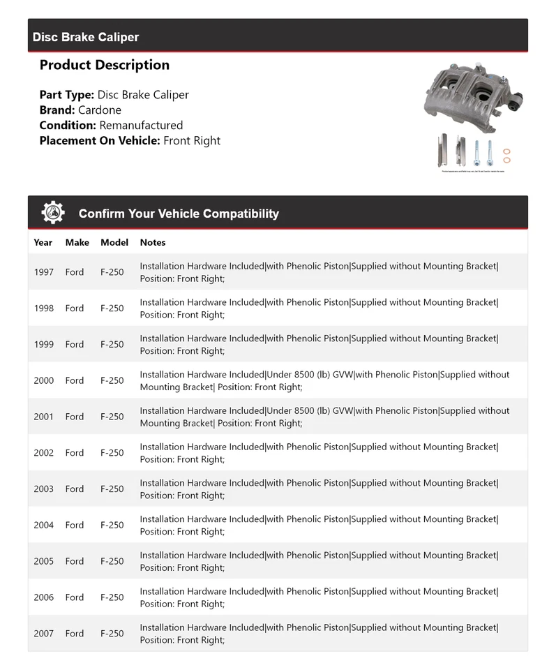 Pinza de freno de disco delantera derecha Cardone 1998 1999 2000 para Ford F-250 1997-2007 Foto 2 de 3