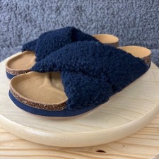 Boden Fuzzy Slides Sandals Womens 9 Blue Faux Fur Cork Slip On Comfort Shoes