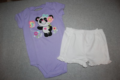 Baby Girls PURPLE PANDA BEAR BODYSUIT T-SHIRT Bow Accent WHITE SHORTS Knit 24 MO