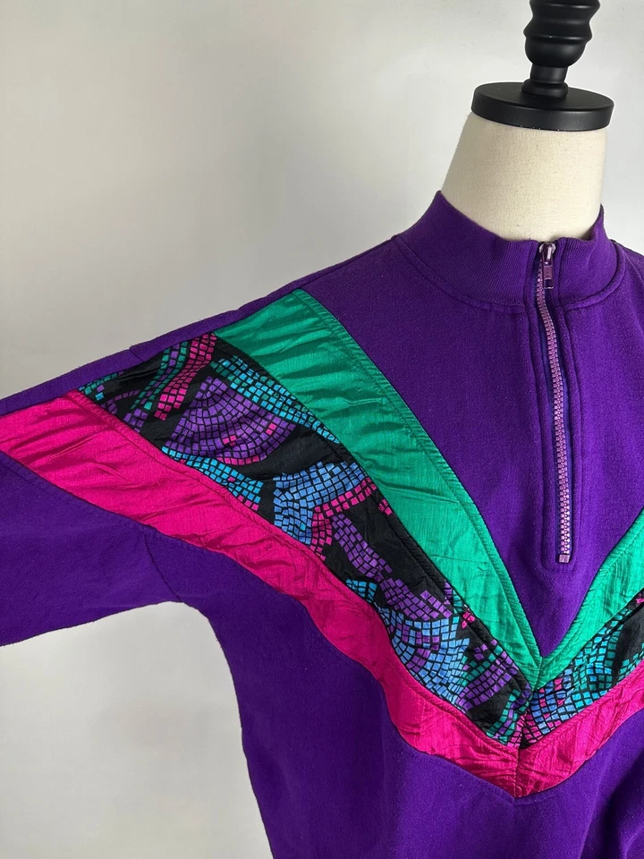 Sudadera Vintage Años 90 Mujer Grande 1/4 Cremallera Pullover Patchwork Entrenamiento Abuela Foto 4 de 4