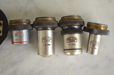 Vintage CARL ZEISS JENA Microscope & 4 Lenses & Original Wood Case