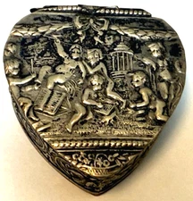 Antique 800 Silver Repousse German Heart Pill Box/Vanity Trinket-Cherub Scene