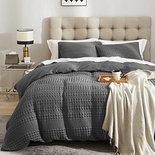 Waffle Weave Duvet Cover Set - 100 Cotton Size, Textured Cozy Soft Queen Grey