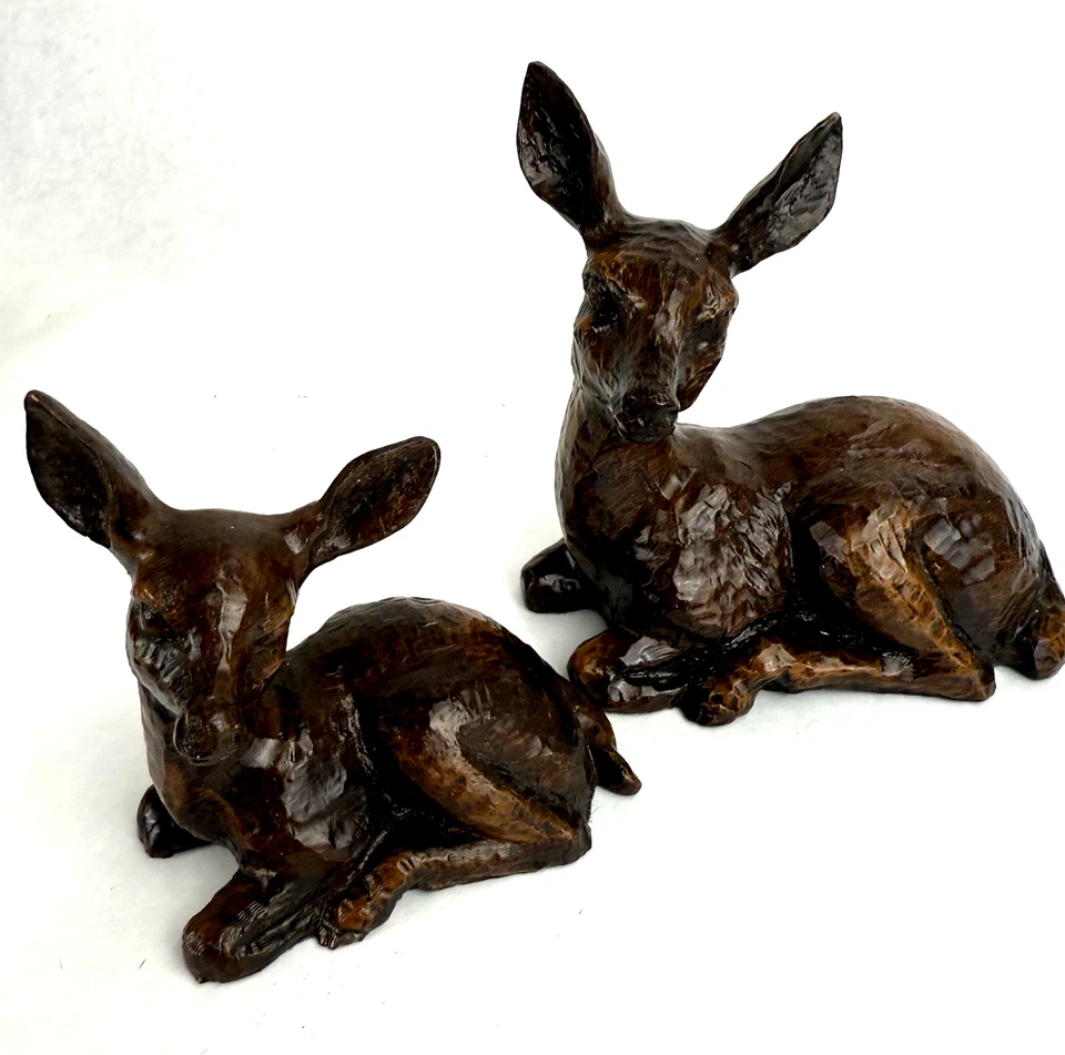 Red Mill 2 Twins Pair Deer Fawn Crushed Walnut Wood Shells Figurines Christmas - Image 1 of 1