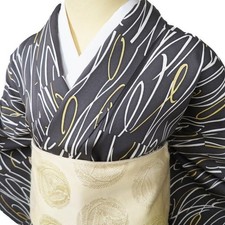 Fine pattern kimono, used, pure silk, casual, line pattern, charcoal color,