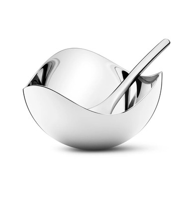 Georg Jensen Bloom  Salt Cellar & Spoon Stainless Steel Silver NEW in sealed box