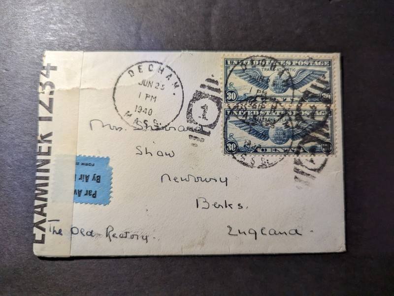 1940 Censored USA Airmail Cover Decham MA to Newbury Berks England
