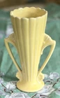 Vtg 1930-40s Art Deco Fan Vase Yellow Pottery Fluted Handles BRUSH- McCOY? READ