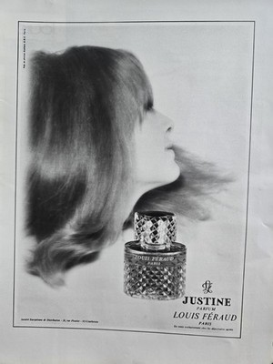  1967 Justine Parfum Louis Feraud Paris perfume bottle Vintage French ad 