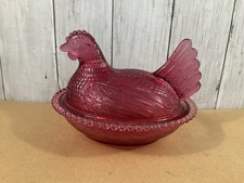 Vintage Indiana Glass Hen on Nest Covered Dish Cranberry Pink 7 Long