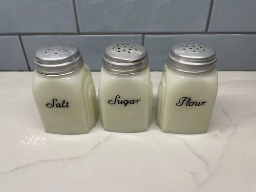 3 Vintage Art Deco Milk Glass (ivory / Cream) Shaker Set Salt Sugar Flour