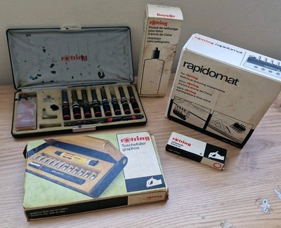 Vintage Rotring Lot Rapidomat Graphos Zeichnung Stift Feder Sets Box Varioscript