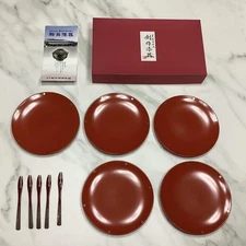 Echizen Lacquerware Red Sweets Plate & Wooden Pick Set Used