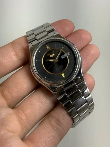 Seiko 5 Automatic Watch, 7009, Black-Gold Dial, 17J, Japan Vintage 1986, Clean.-