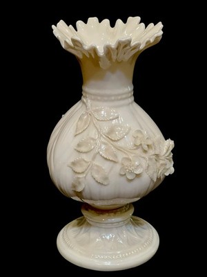 1920s Genuine Sculpta Incision #s Belleek Black Mark 8.25'' Beige Vase W Roses