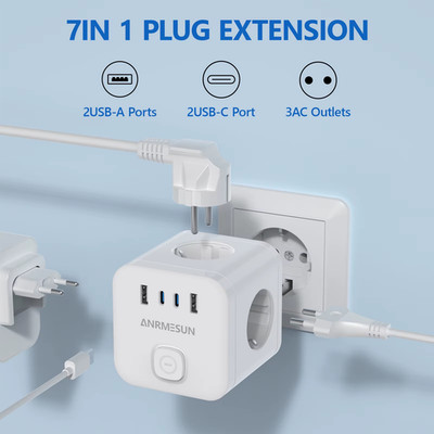 Anrmesun 7in1 Steckdosen Würfel Adapter 3xAC 2xUSB-A 2xUSB-C 3840W mit Schalter