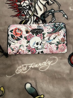 Ed Hardy Wallet Zip Close White Flowers Skull W/hat Arrow Multicolor NWT