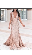 Jovani Rose Gold Sequin Mermaid Gown, Mesh, V-Neck, Sleeveless, Size 10