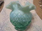 Fenton Mint Green Ruffled 4" Vase Opalescent Glass Cut Block Pattern Round.