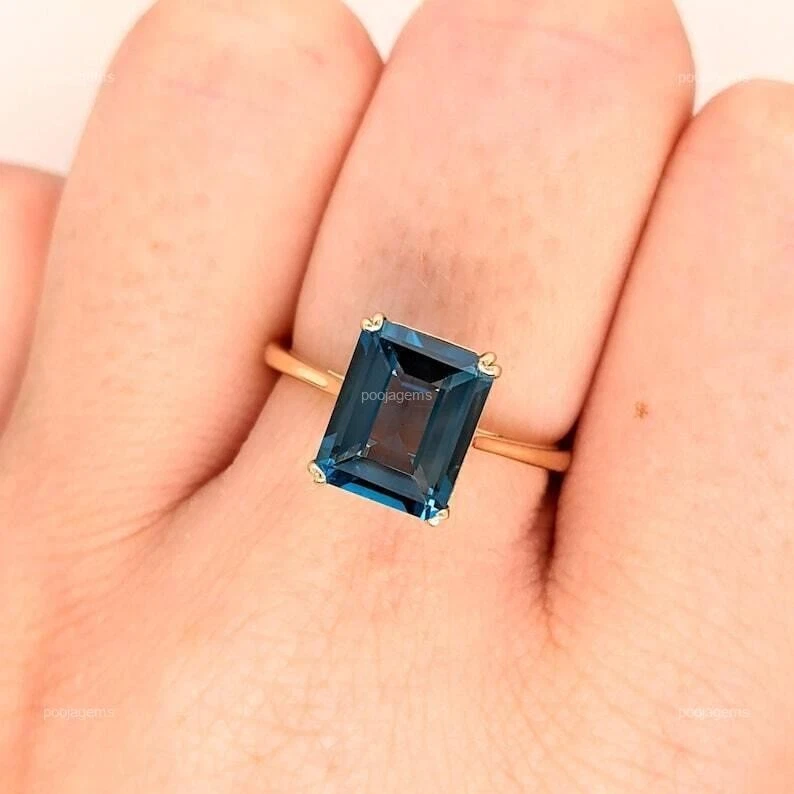 Geschenk Für Sie Natürlicher London Blau Topas Solitär Ring Größe 7 14k Gelbgold - Bild 4 von 4