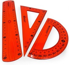 Westcott Flexi Geometry Set of 3 - Ruler, Protractor, Square set - Red