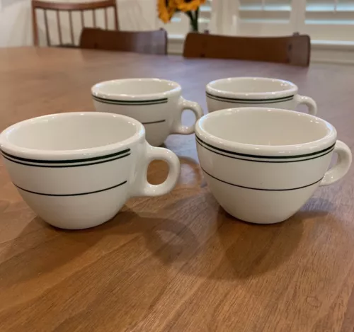 Qty 4 Homer Laughlin White Green Stripes Restaurant Ware Coffee Mugs Best China