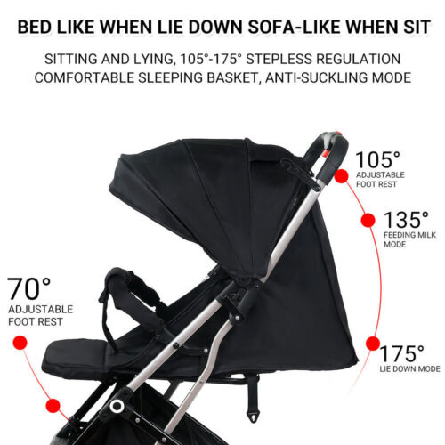 Black Lightweight Foldable Baby Stroller Toddler Pram Newborn Large Storage - Picture 4 of 9