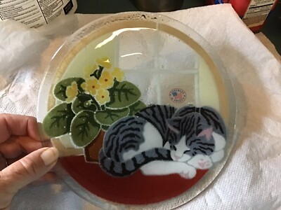 Peggy Karr Fused Art Glass Plate- Lazy Cat & Flowers 7 5/8” Round