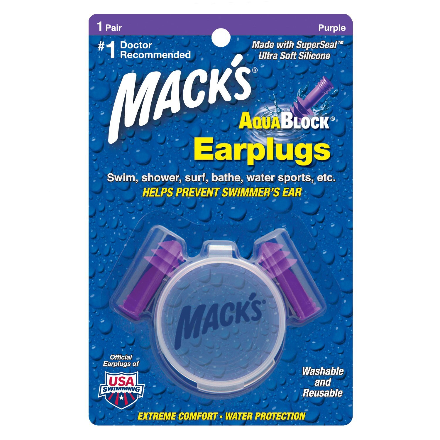 Mack's Aqua Block Swimming Ear Plugs (1 Pair) Purple