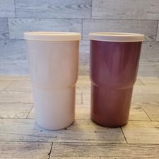 2 Vintage Tupperware 12 Oz Tumblers Drinking Cups 2412 Plastic Set Seals Lids