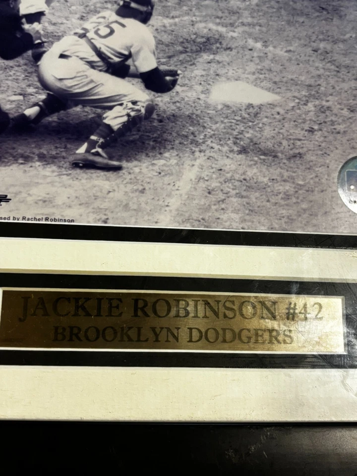 Brooklyn Dodgers JACKIE ROBINSON in 1952 Framed Photo Stealing Home With Plaque - Image 2 of 4