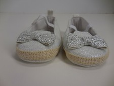 First Steps Size 4 Rhinestone Bow Baby Girl Beige Glitter Pull On Crib Shoes....