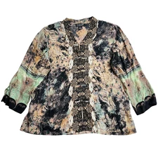 Citron Santa Monica Blouse Womens Large Beige Peacock Long Sleeve Silk Top L