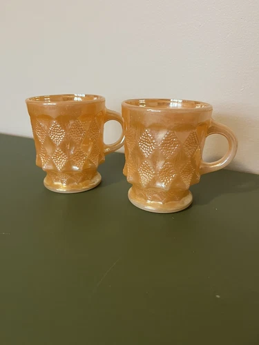 2 Pc. Fire King Peach Luster Mugs Anchor Hocking Iridescent Mid Century