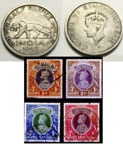 1947 Lot 5 PCS British India King George V1 Old Antique Rupee Stamps + Coin set - Afbeelding 1 van 3