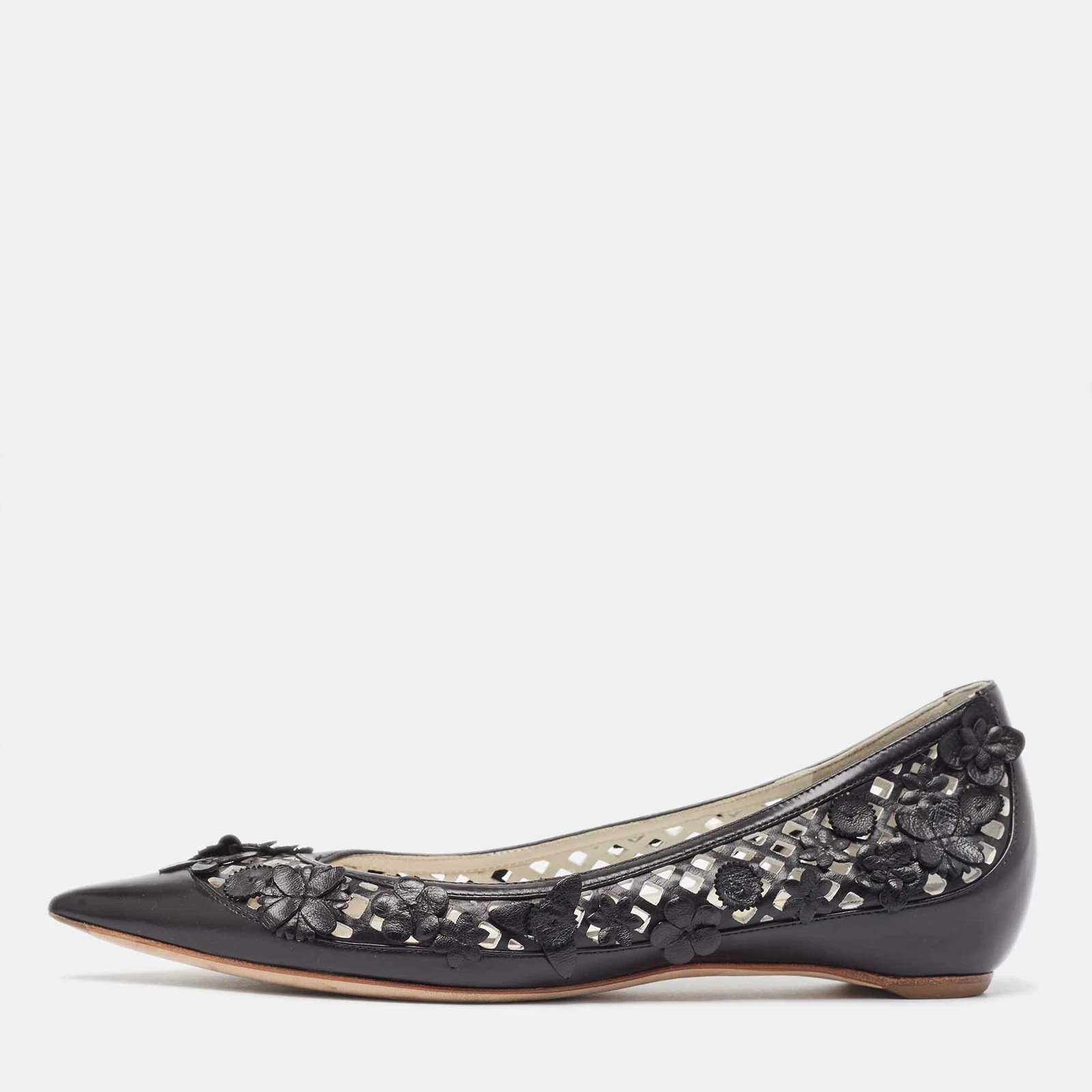 Plats de ballet appliqués floraux découpés cuir noir Dior taille 37